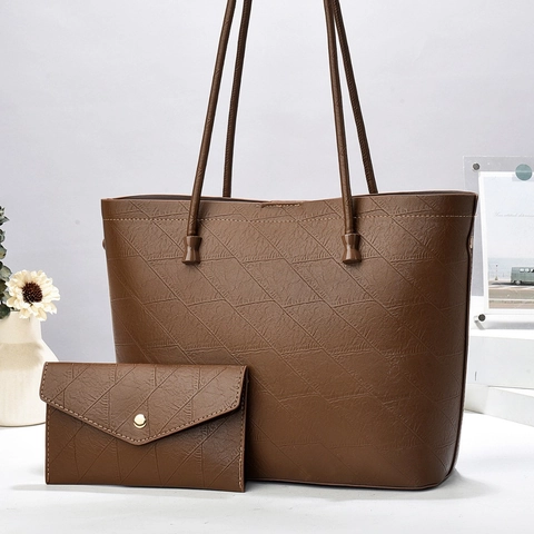 Tote Bag And Small Pouch PU Leather Embossed Geometric Pattern Large Capacity Shoulder Handbag For Women