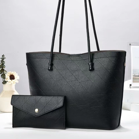 Tote Bag And Small Pouch PU Leather Embossed Geometric Pattern Large Capacity Shoulder Handbag For Women