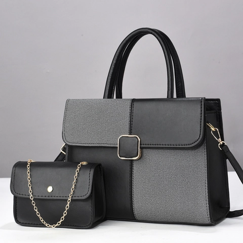 Sac À Main En Cuir PU Et Toile Patchwork Et Mini Sac À Chaîne Mode Urbaine Élégante Grande Capacité Sac Bandoulière