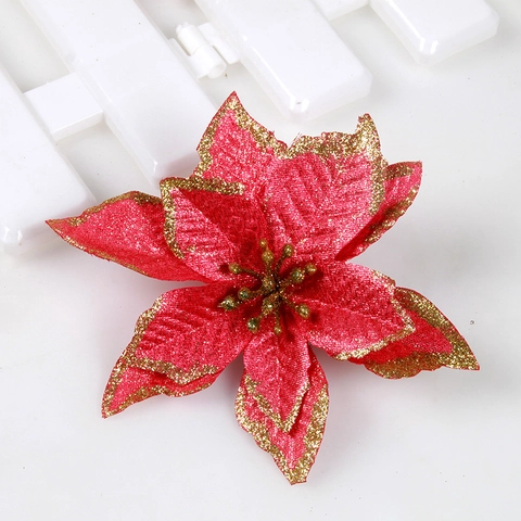 Artificial Christmas Poinsettia Flowers Fabric With Glitter Edges Shiny Multi Layer For Tree Wreath Decoration Party Ornament