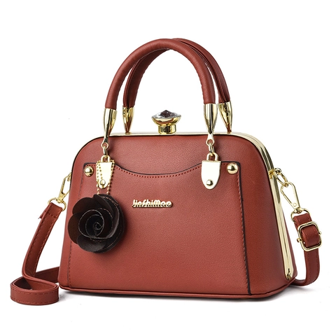 PU Leather Litchi Texture Handbag With Rose Charm Rhinestone Knob Crossbody Shoulder Bag Elegant Retro Doctor Style