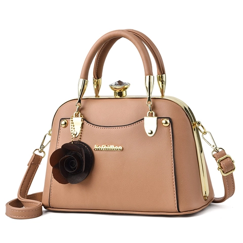 PU Leather Litchi Texture Handbag With Rose Charm Rhinestone Knob Crossbody Shoulder Bag Elegant Retro Doctor Style