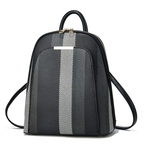 Mochila Vintage de Rayas para Mujer Moda Color de Contraste Cuero de PU Bolsa de Viaje Gran Capacidad Mochila Casual Herrajes Dorados