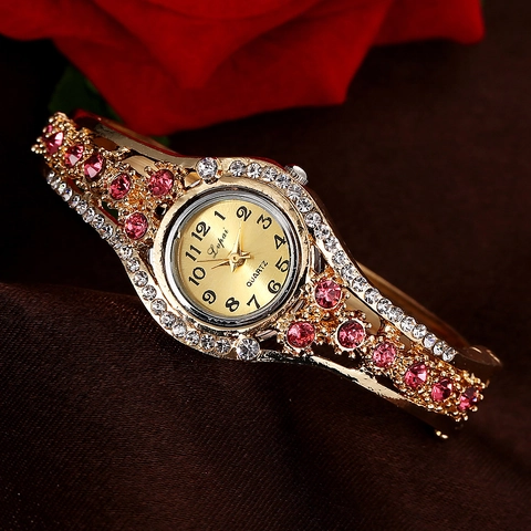 Women Bangle Watch Luxury Alloy Rhinestone Ethnic Style Fashion Quartz Analog Wristwatch Elegant Cuff Bangle For Ladies