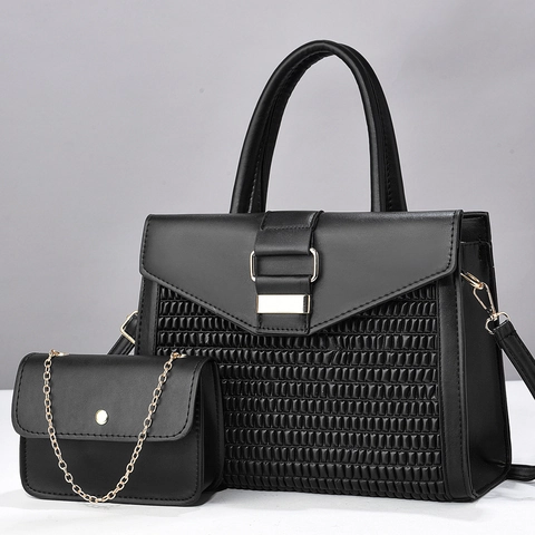 Sac À Main Et Mini Sac À Chaîne En Cuir PU Pour Femmes Grande Capacité Texture Plissée Avec Matériel Doré