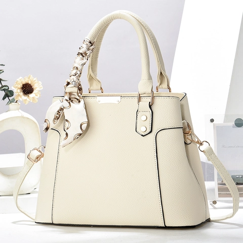 Borsa A Mano Da Donna In Pelle PU Elegante Motivo Litchi Borsa A Spalla Con Sciarpa Decorativa Grande Capacità Borsa Tracolla
