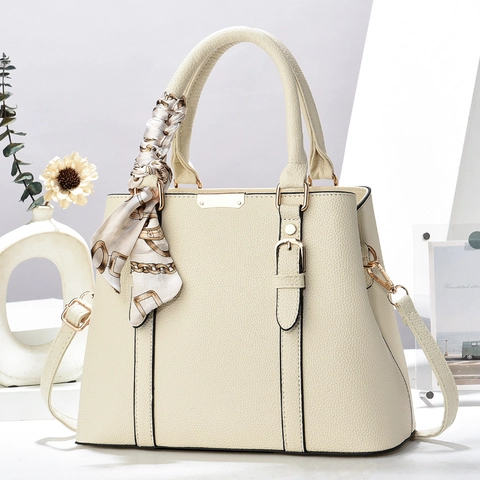 Women Large Capacity Shoulder Bag Lychee Pattern PU Leather Handbag With Decorative Scarf Handle Crossbody Commuter Fashion