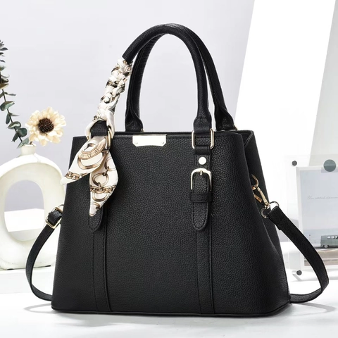 Women Large Capacity Shoulder Bag Lychee Pattern PU Leather Handbag With Decorative Scarf Handle Crossbody Commuter Fashion
