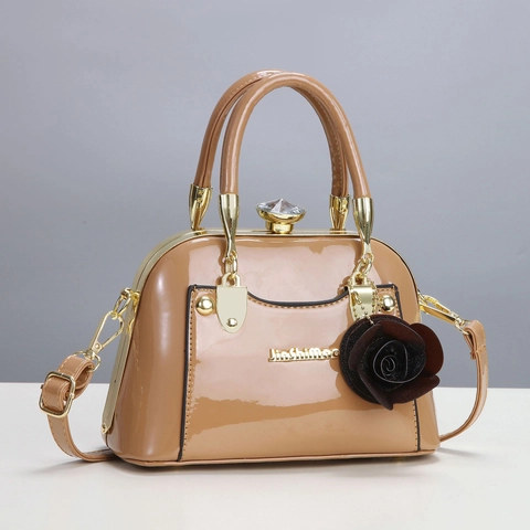 Women Patent Leather Handbag Shell Shape Gold Hardware Rose Decor Crystal Knob Detachable Strap Elegant Crossbody