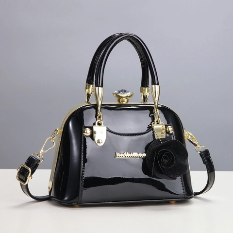 Women Patent Leather Handbag Shell Shape Gold Hardware Rose Decor Crystal Knob Detachable Strap Elegant Crossbody