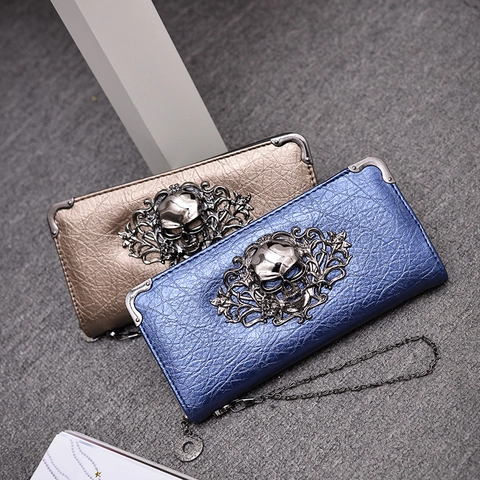 Punk Gothic Geldbörse Lang Damen PU Leder Clutch Mit Metall Totenkopf Dekor Barock Vintage Geprägt Kartenhalter