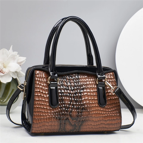 Bolso De Mano Para Mujer Bolso Bandolera Cuero PU Patrón Cocodrilo Herrajes Dorados Color Contraste Elegante Moda Gran Capacidad
