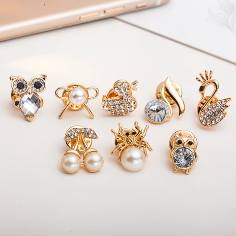 Alloy Brooch Pins Rhinestones Faux Artificial Pearls Animal Owl Swan Cherry Shape Fashion Jewelry Women Clothing Decoration