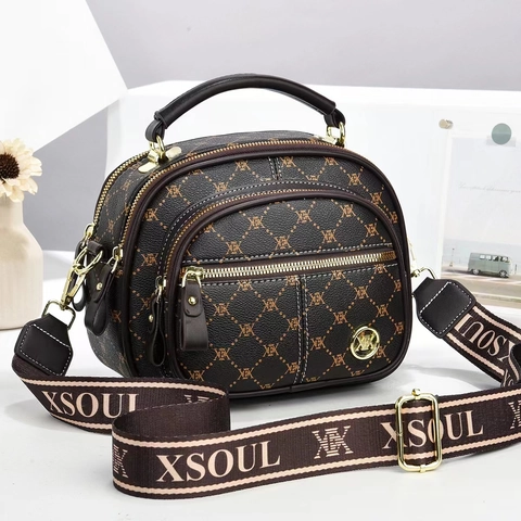 Retro Monogram Handbag For Women PU Leather Multi Layer Shoulder Crossbody Bag With Wide Strap Large Capacity Fashion