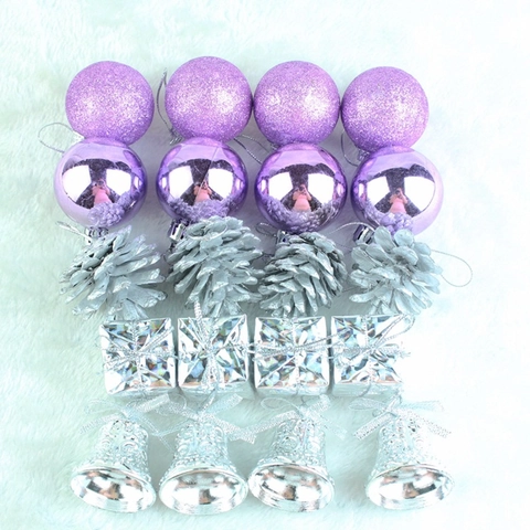 Purple Silver Christmas Ornaments Plastic Foam Tree Hanging Decoration Baubles Bells Gift Boxes Holiday Party Decor