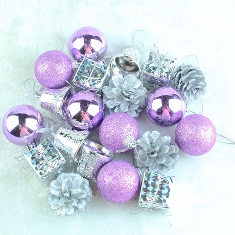 Purple Silver Christmas Ornaments Plastic Foam Tree Hanging Decoration Baubles Bells Gift Boxes Holiday Party Decor