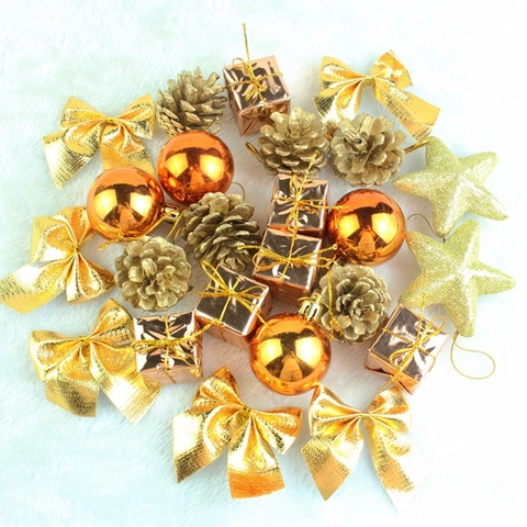 Ornamenti Appesi Albero Di Natale Bronzo Oro Plastica Schiuma Pigne Fiocchi Scatole Regalo Stelle Palle Decorazione Festiva Casa