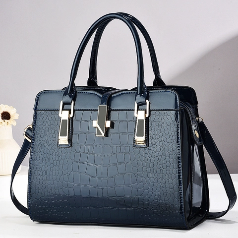 Women Crocodile Pattern PU Patent Leather Handbag Glossy Top Handle Shoulder Bag With Gold Lock Hardware Dual Use