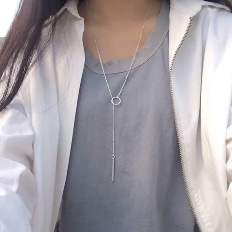 Collana Lunga A Forma Di Y In Argento Sterling 925 Pendente A Cerchio Geometrico E Barra Rettangolare Gioielli Minimalisti Per Donne