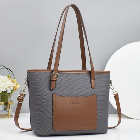Women Tote Bag Fashion Patchwork PU Leather Fabric Contrast Color Shoulder Bag With Adjustable Strap