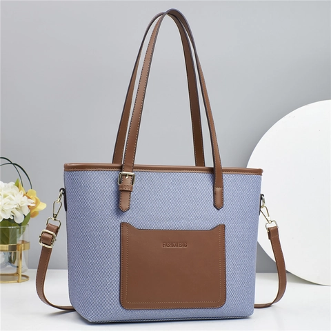 Women Tote Bag Fashion Patchwork PU Leather Fabric Contrast Color Shoulder Bag With Adjustable Strap