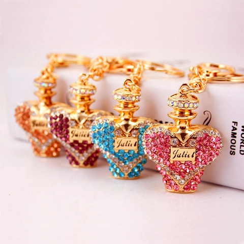Creative Rhinestone Perfume Bottle Keychain Zinc Alloy Heart Shape Metal Bag Charm With Enamel Juliet Inscription Gift For Women