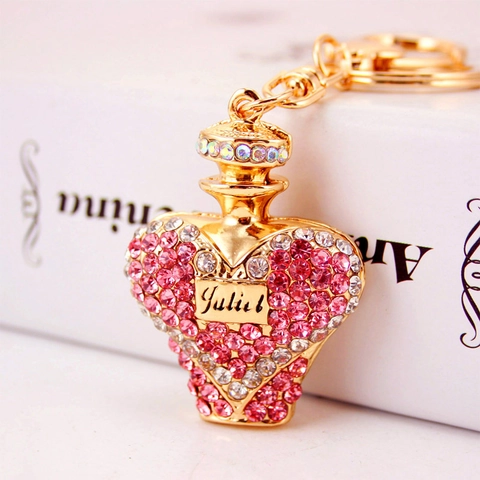 Creative Rhinestone Perfume Bottle Keychain Zinc Alloy Heart Shape Metal Bag Charm With Enamel Juliet Inscription Gift For Women