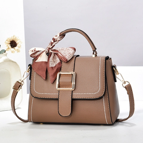 Borsa A Mano Donna Pelle PU Grana Litchi Borsa A Tracolla Strutturata Con Sciarpa Di Raso Elegante Versatile Grande Capacità