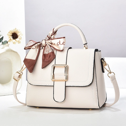 Women Small Square Handbag Litchi Grain PU Leather Shoulder Crossbody Bag With Gold Buckle Satin Scarf Decoration