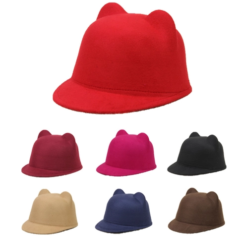 Lindo Sombrero Ecuestre De Fieltro Con Orejas De Gato Copa Redonda Y Ala Corta Estilo Retro Para Mujeres Niños