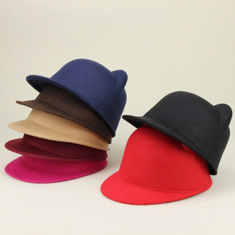 Lindo Sombrero Ecuestre De Fieltro Con Orejas De Gato Copa Redonda Y Ala Corta Estilo Retro Para Mujeres Niños
