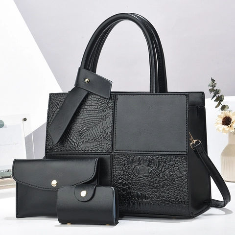 Borsa Tote E Pochette E Porta Carte Donne Pelle PU Motivo Coccodrillo Patchwork Borsa Spalla Hardware Dorato Elegante