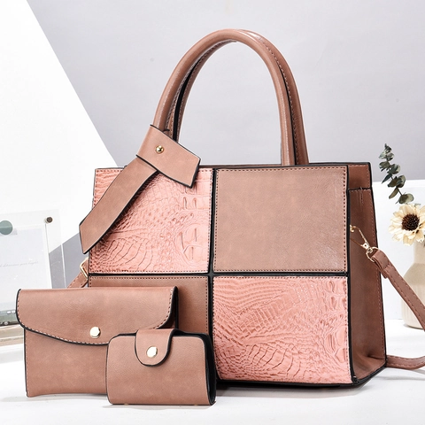 Borsa Tote E Pochette E Porta Carte Donne Pelle PU Motivo Coccodrillo Patchwork Borsa Spalla Hardware Dorato Elegante