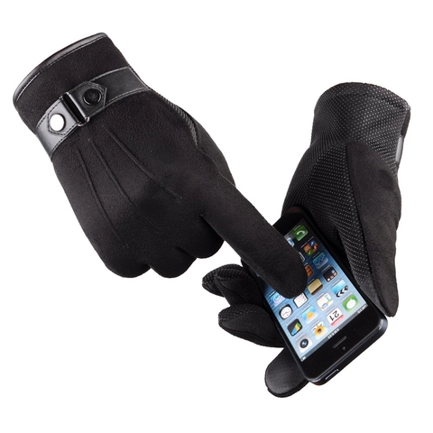 Men's Faux Suede Winter Gloves Touch Screen Warm Fleece Lined Driving Cycling Windproof Decorative Back Seams