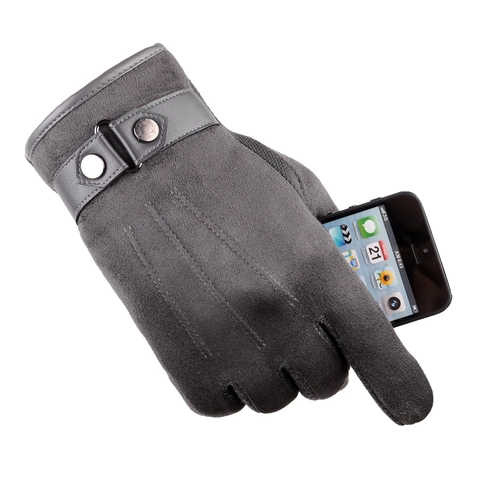 Men's Faux Suede Winter Gloves Touch Screen Warm Fleece Lined Driving Cycling Windproof Decorative Back Seams