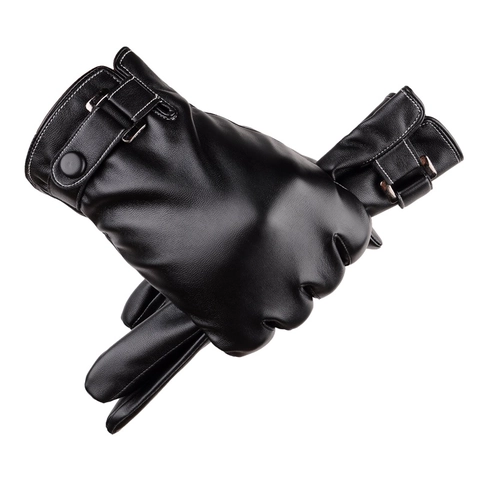 Men's PU Leather Touchscreen Gloves Winter Warm Outdoor Cycling Fleece Lined Adjustable Buckle Fashionable