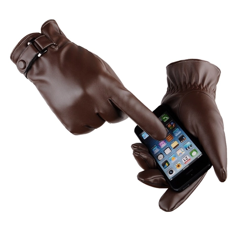 Men's PU Leather Touchscreen Gloves Winter Warm Outdoor Cycling Fleece Lined Adjustable Buckle Fashionable