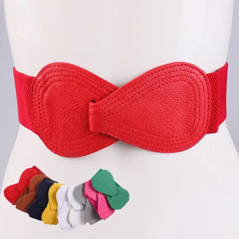 Women Wide Elastic Waist Belt Faux Leather Bow Knot Interlocking Cinch Belt For Dresses Fashion Accessory