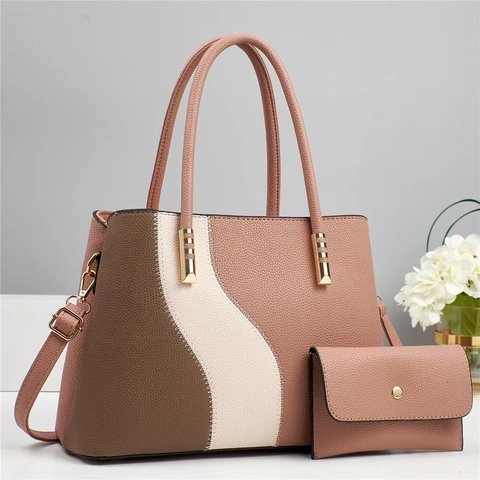 Borsa A Mano E Portafoglio Da Donna Pelle PU Grana Litchi Design Color Block Ondulato Borsa A Tracolla Grande