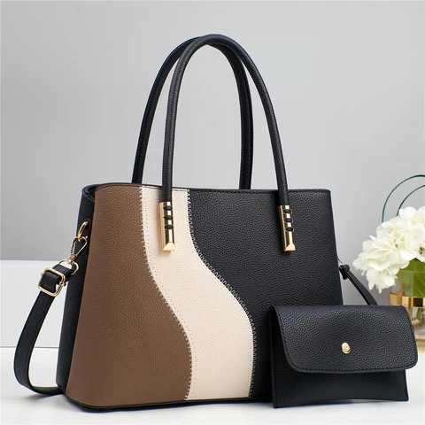 Borsa A Mano E Portafoglio Da Donna Pelle PU Grana Litchi Design Color Block Ondulato Borsa A Tracolla Grande