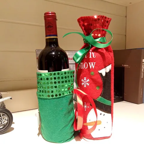 Christmas Wine Bottle Cover Sequin Non-woven Fabric Santa Claus Snowman Reindeer Applique Holiday Table Party Decor