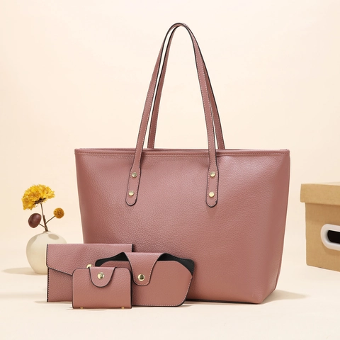 Women Tote Bag Wallet Card Holder And Glasses Case Litchi Grain PU Leather Chic Solid Color Trendy Handbags