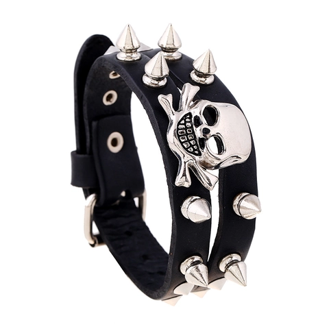 Punk Rock Skull Crossbones Leather Bracelet With Alloy Rivets Spikes Retro Gothic Adjustable Hand Cuff For Men Women
