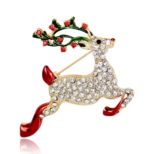Christmas Reindeer Brooch Pin Alloy Gold Plated Rhinestone Enamel Elk Deer Brooches For Women Holiday Festive Jewelry Gift