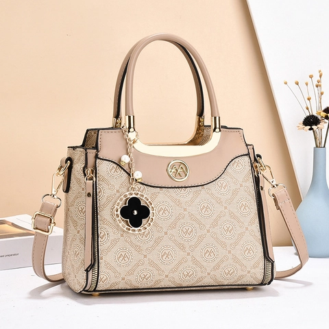Women Top Handle Bag PU Leather Monogram Print Crossbody Shoulder Purse With Clover Artificial Pearl Charm Vintage Elegant Style