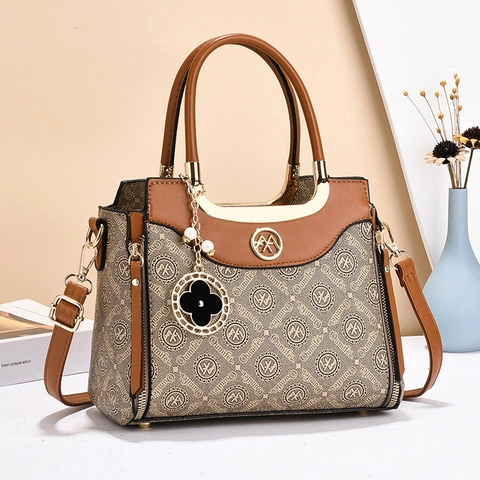 Women Top Handle Bag PU Leather Monogram Print Crossbody Shoulder Purse With Clover Artificial Pearl Charm Vintage Elegant Style