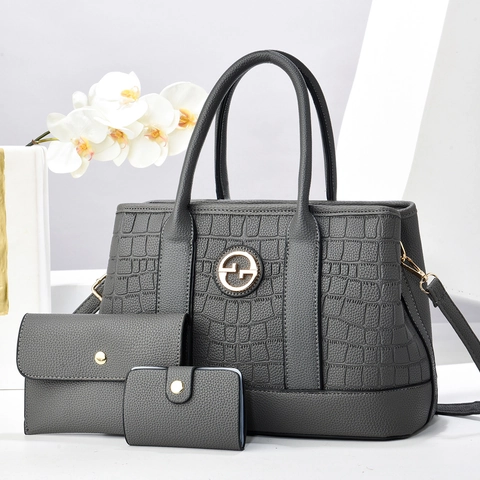 Elegante Bolso De Mano Cartera Y Tarjetero Para Mujer En Cuero PU Con Patrón De Cocodrilo Y Logo Metálico Circular Dorado