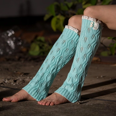 Leg Warmers Knitted Acrylic Leaf Pattern Lace Trim Button Boot Cuffs Winter Warm Vintage Boho Style