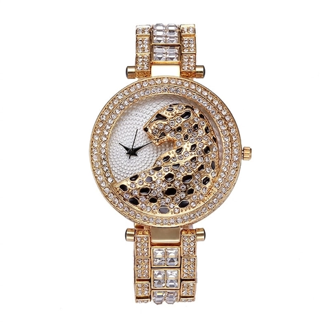 Women's Quartz Watch Luxury Rhinestone Leopard Head 3D Panther Design Iced Out Alloy Link Bracelet Elegant Wristwatch
