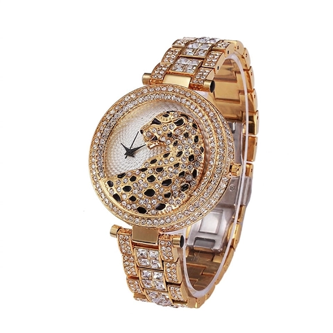 Women's Quartz Watch Luxury Rhinestone Leopard Head 3D Panther Design Iced Out Alloy Link Bracelet Elegant Wristwatch